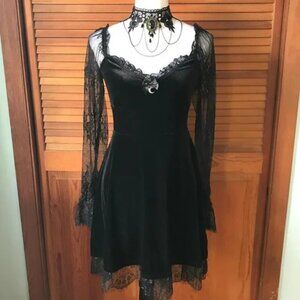 Gothic Victorian Dark Side of the Moon Black Velvet & Lace Dress